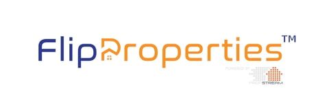 Flip Properties logo with blue and orange text and small building icon