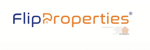 Flip Properties logo with registered trademark symbol and powered by STRELi branding element