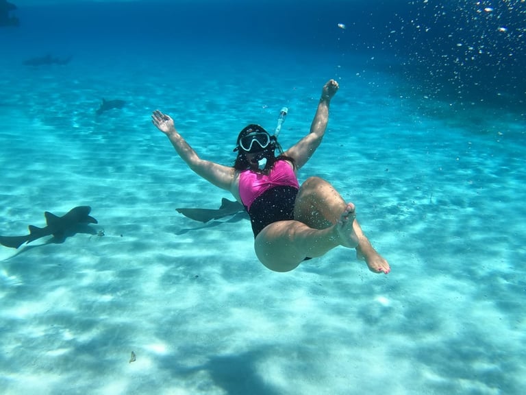 Snorkeler swimming in clear turquoise water alongside a Caribbean reef shark in Roatán