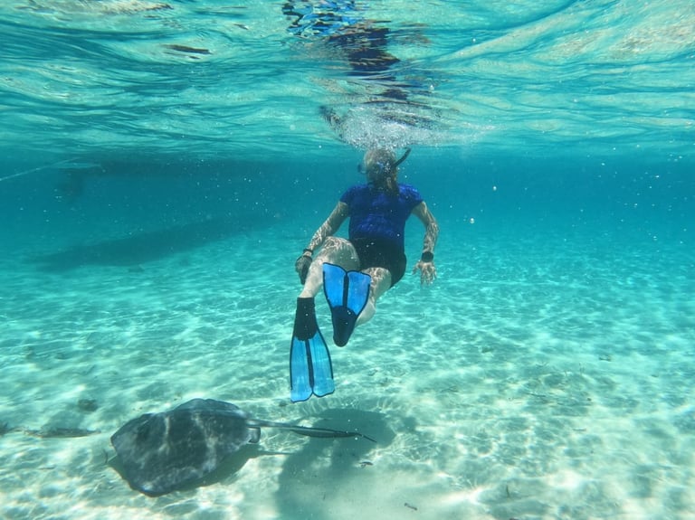 Snorkeler in blue fins swimming above a sea turtle on a sandy seabed in clear Roatán water