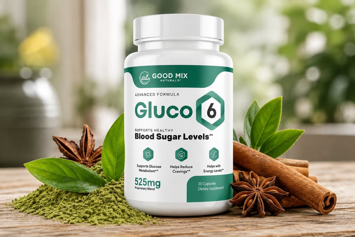 Gluco 6 supplement bottle for blood sugar support, surrounded by natural ingredients like cinnamon sticks, star anise, and green leaves on wooden surface