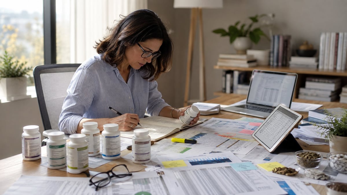 Woman wearing glasses working at a cluttered desk with laptop, documents, and art supplies in a bright office space