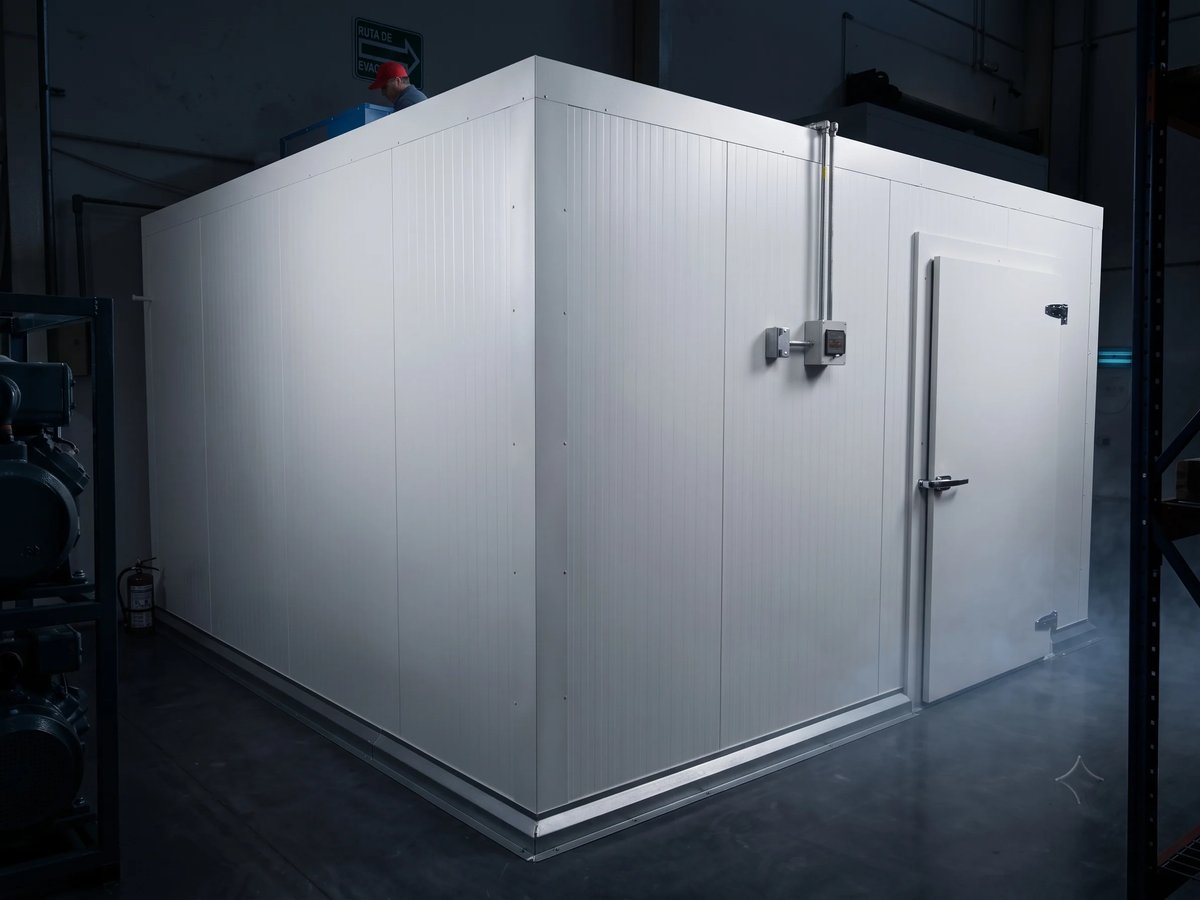 Cuarto frío industrial con paneles térmicos blancos y puerta de acero inoxidable
