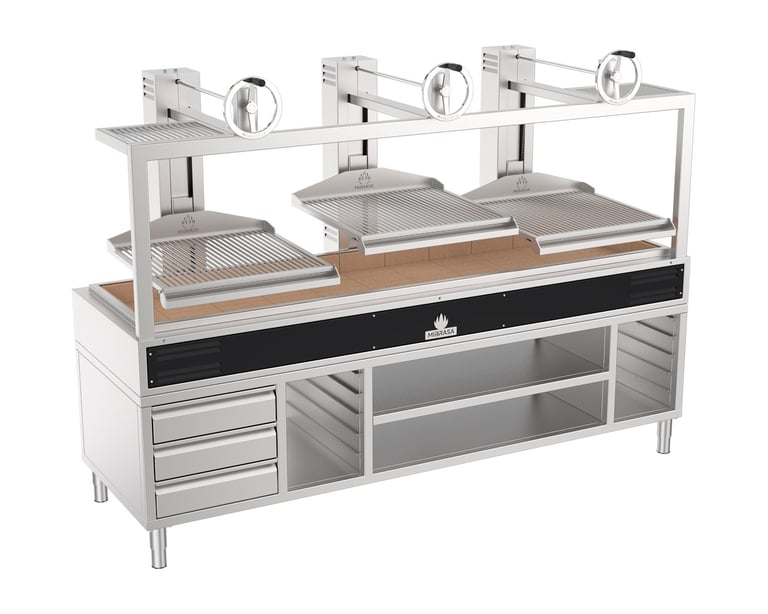 Parrilla Mibrasa Classic GMB 2523GRN con mueble MCGMB252, tres parrillas elevables con manijas de rueda, frente negro con logo Mibrasa y base de acero inoxidable