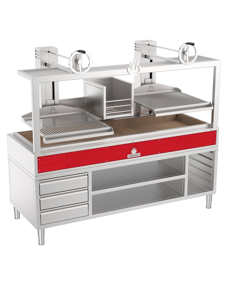 Parrilla Mibrasa Fire GMB 200FR con quemador de leña integrado, frente rojo con logo Mibrasa, dos parrillas elevables con manijas de rueda, compartimento central con cortafuegos y mueble MCGMB200 con cajones y repisas de acero inoxidable