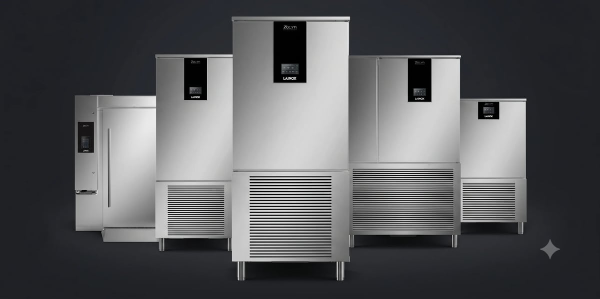 Gama completa de abatidores de temperatura LAINOX Zoom y Neo sobre fondo oscuro