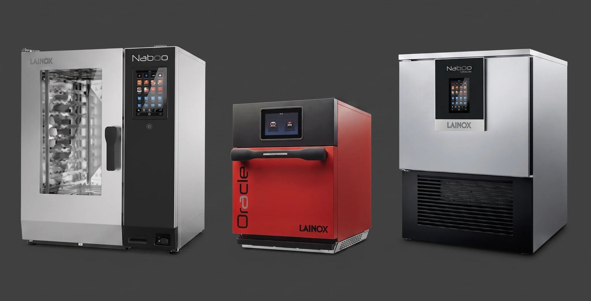 Gama general de hornos LAINOX: Naboo combinado, Oracle y Naboo Oscar sobre fondo oscuro