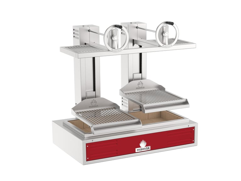 Parrilla Mibrasa Slim 100 GMB100-2GRR.SE con base roja, dos parrillas elevables con manijas de rueda y estructura de acero inoxidable