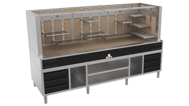 Parrilla Mibrasa Custom CMB-L con mueble MCCMB.N a medida, muro refractario cerámico, múltiples parrillas colgantes multinivel en distintos niveles, frente negro con logo Mibrasa, cajones laterales, repisas inferiores y patas de acero inoxidable