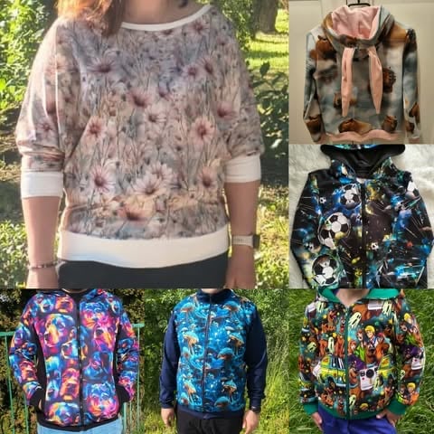 Kolekcja sześciu kolorowych bluz i kurtek z różnymi wzorami — kwiatowymi, tie-dye i grafikami, prezentowanych w plenerze i wnętrzach