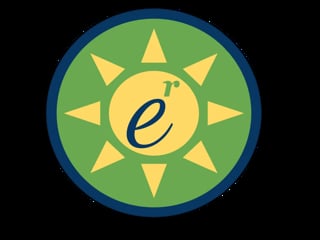 Circular logo with a yellow sun containing the letter e surrounded by eight triangular rays on a green background with dark blue border