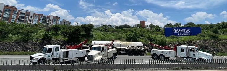 Flota de unidades pesadas y plataformas estacionadas a orilla de carretera