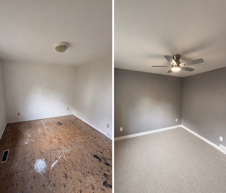 Before and after comparison of a room renovation with damaged flooring transformed to new carpeting and fresh paint