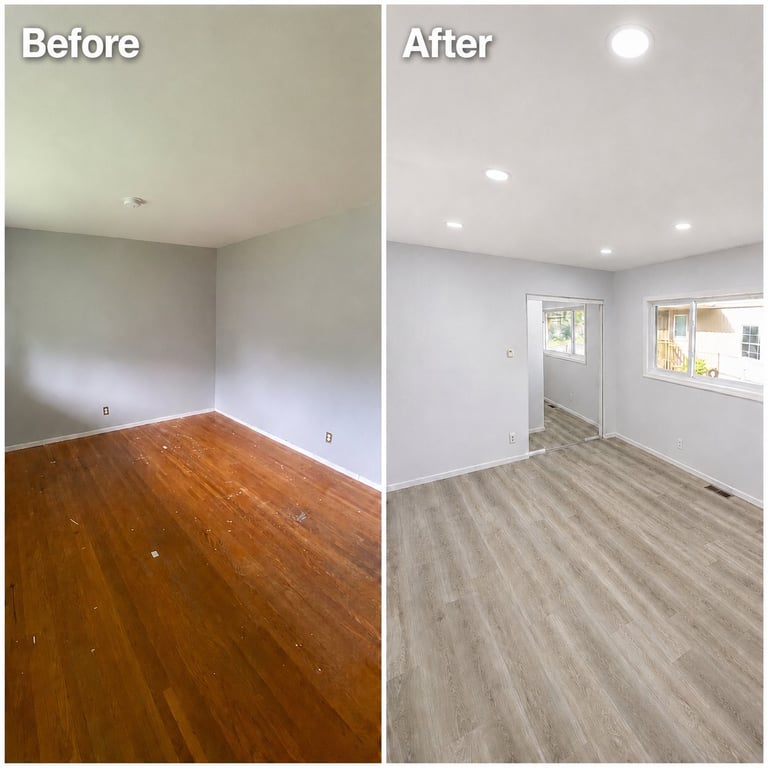 Before and after room renovation showing old hardwood flooring and plain ceiling transformed into modern gray vinyl flooring and recessed lighting