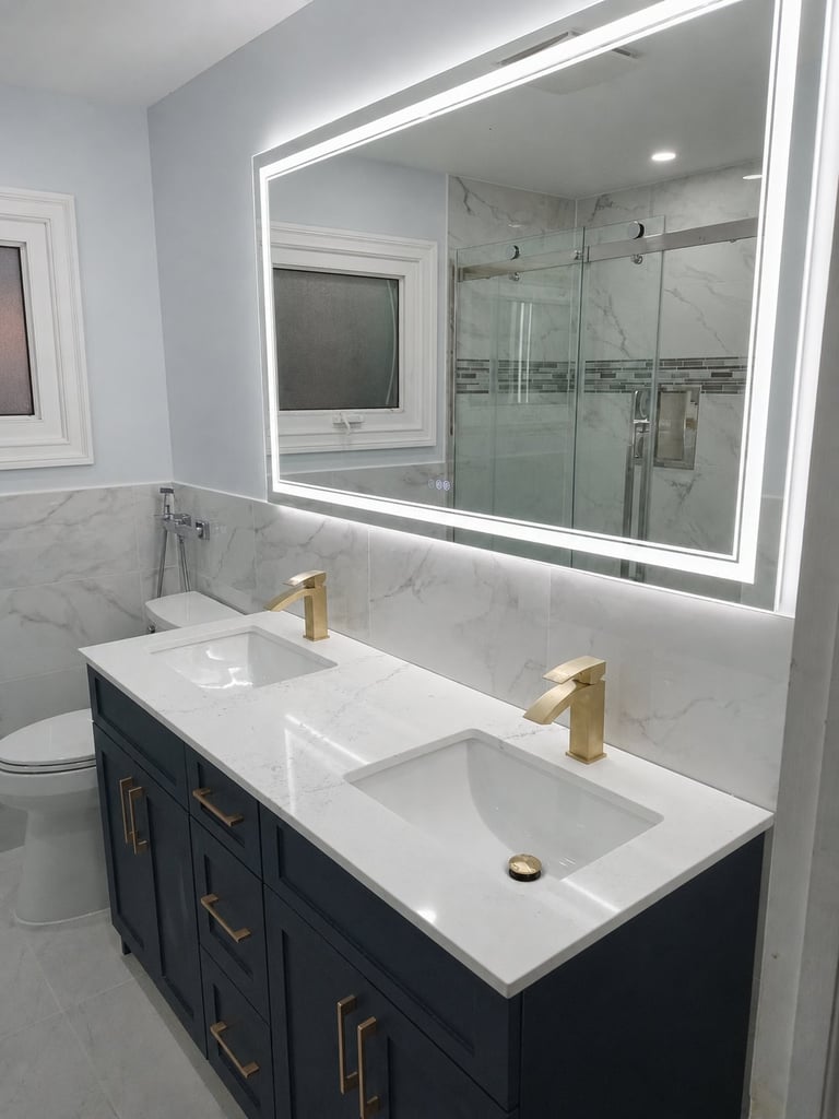 Modern bathroom with dark vanity, white marble countertop, dual gold faucets, and large lighted mirror with glass shower