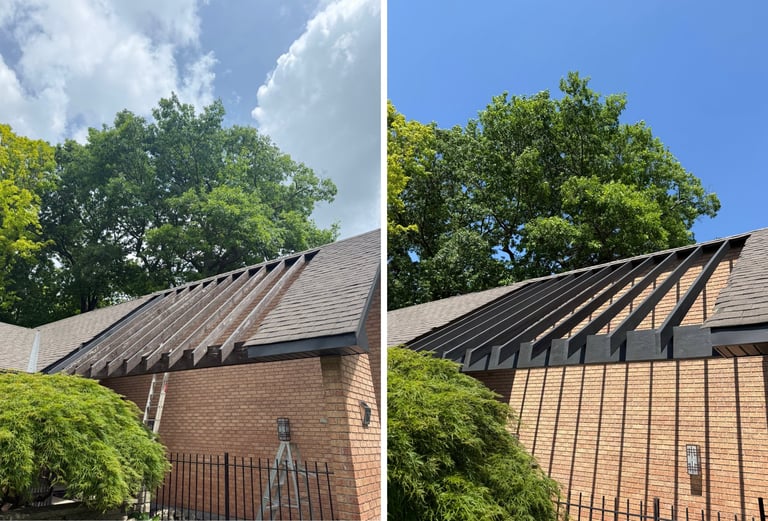 Before and after comparison of brick building roof cleaning, showing darker soiled shingles on left and cleaned lighter shingles on right