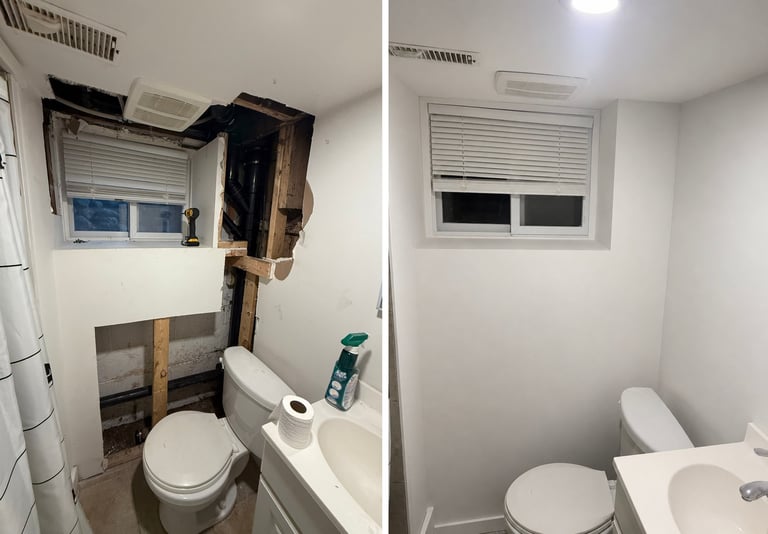 Before and after comparison of a small bathroom renovation showing improved layout and cleaner finishes