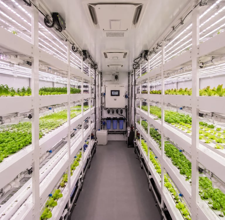 Interior of vertical farming container with rows of green plants under LED grow lights on shelving units.