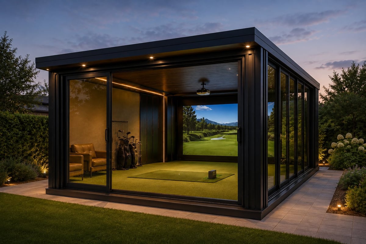 Modern black glass box building with golf simulator screen, golf mat, and yellow lighting inside, surrounded by landscaping and stone patio at dusk