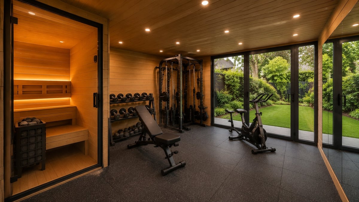 Modern home gym with wood-paneled sauna on left, weights and exercise equipment, large windows overlooking green landscape
