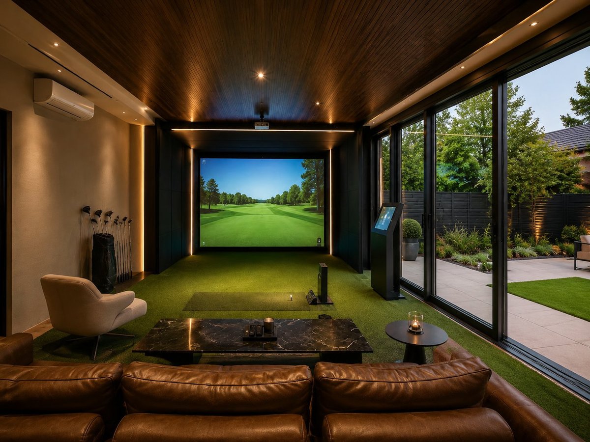 Indoor golf simulator room with screen display, brown leather seating, artificial turf, and large windows overlooking a garden.