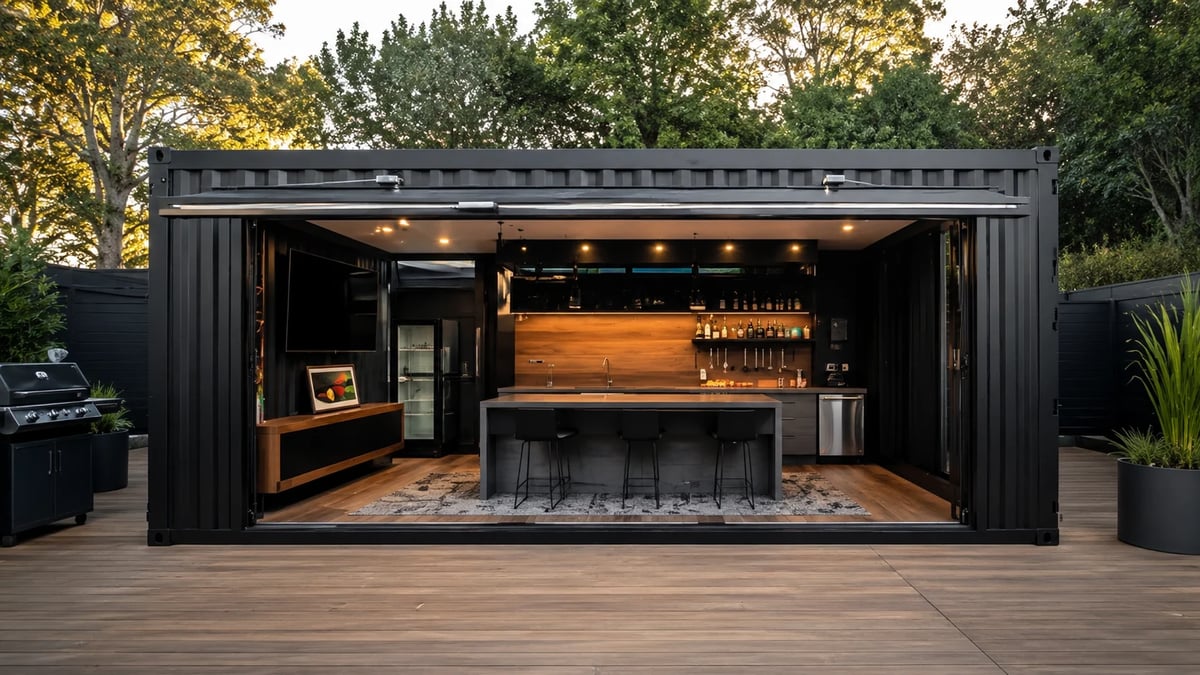 A modern black shipping container bar with warm lighting, wooden interior, and bar seating on a concrete patio surrounded by trees