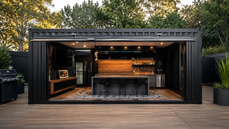 A modern black shipping container bar with warm lighting, wooden interior, and bar seating on a concrete patio surrounded by trees