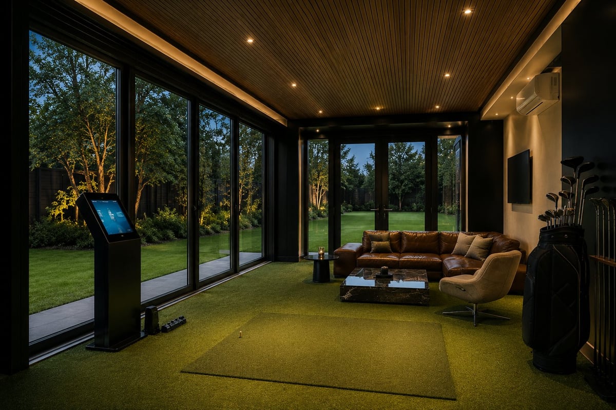 Modern sunroom with floor-to-ceiling windows overlooking a garden, featuring tan furniture, green indoor golf turf, and ambient lighting
