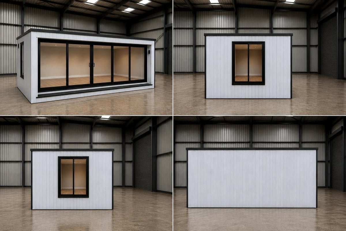 Four views of modular white prefab structures with black-framed windows in an industrial warehouse space