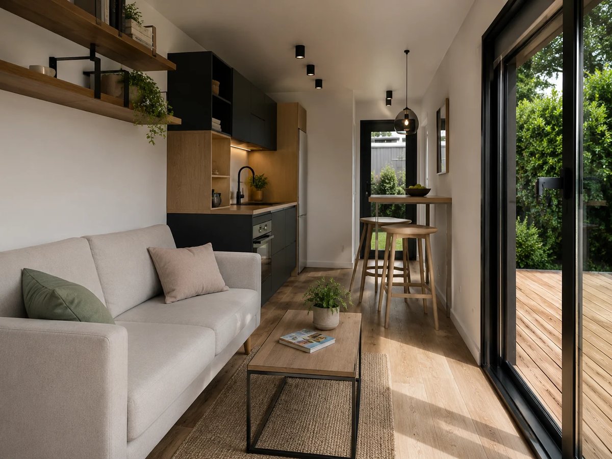 Modern studio apartment interior with light gray sofa, wooden coffee table, compact kitchenette, and glass doors opening to a wooden deck with green plants