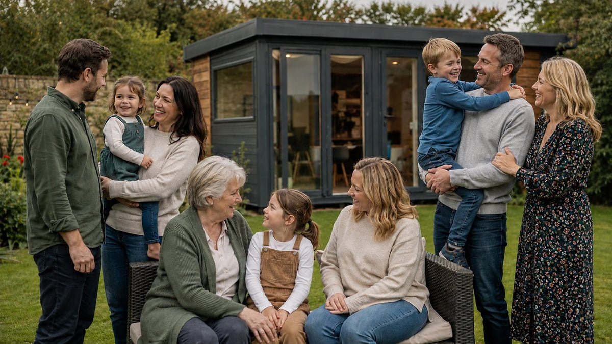 Multi-generational family gathered outside a modern garden studio, smiling and interacting together on a grassy lawn.