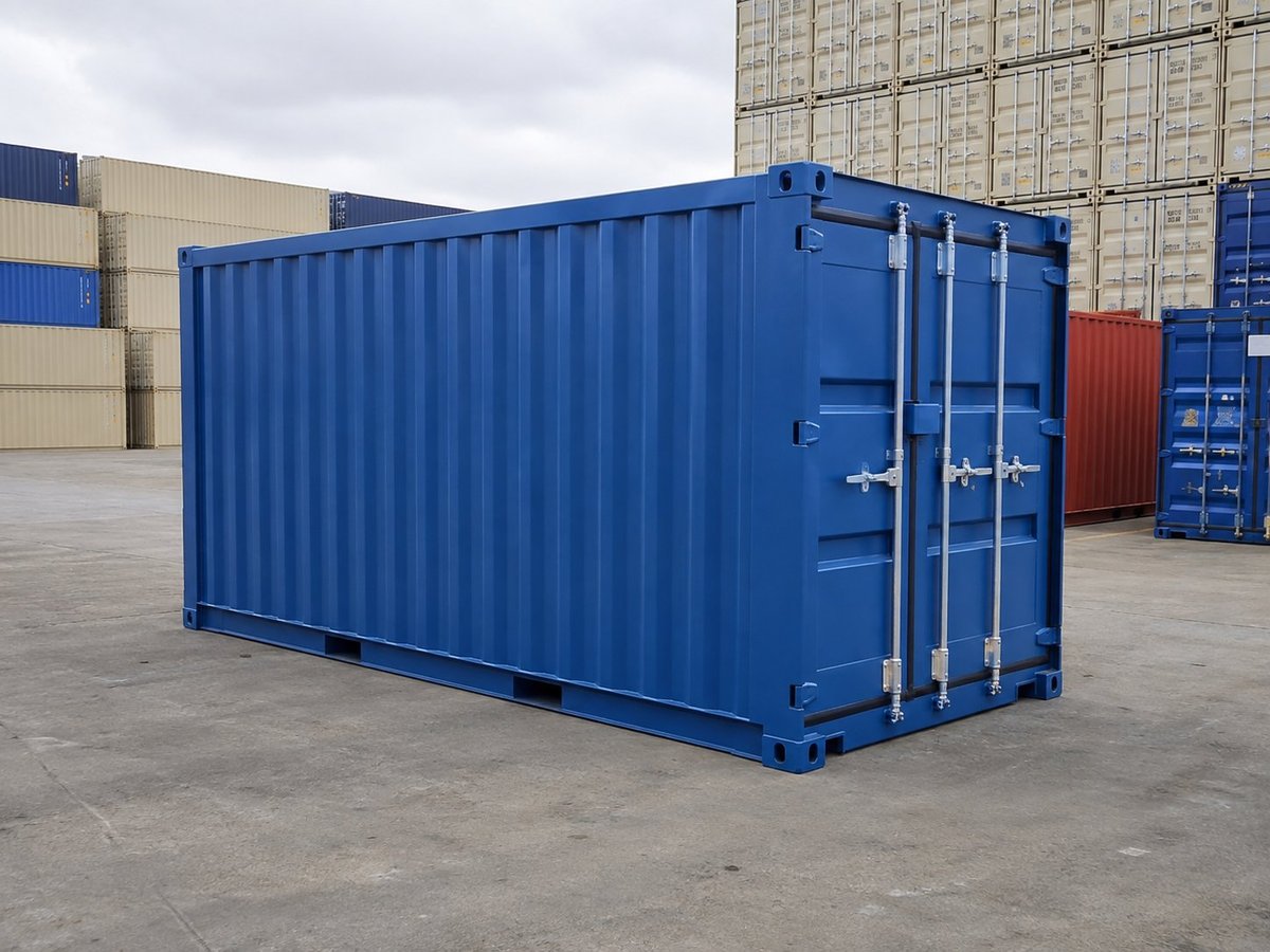 Blue shipping container in industrial yard with stacked containers in background