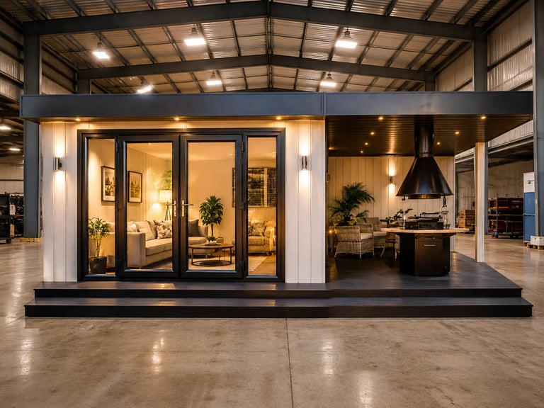 Modern kitchen showroom display with black-framed glass doors and stainless steel appliances in a warehouse setting