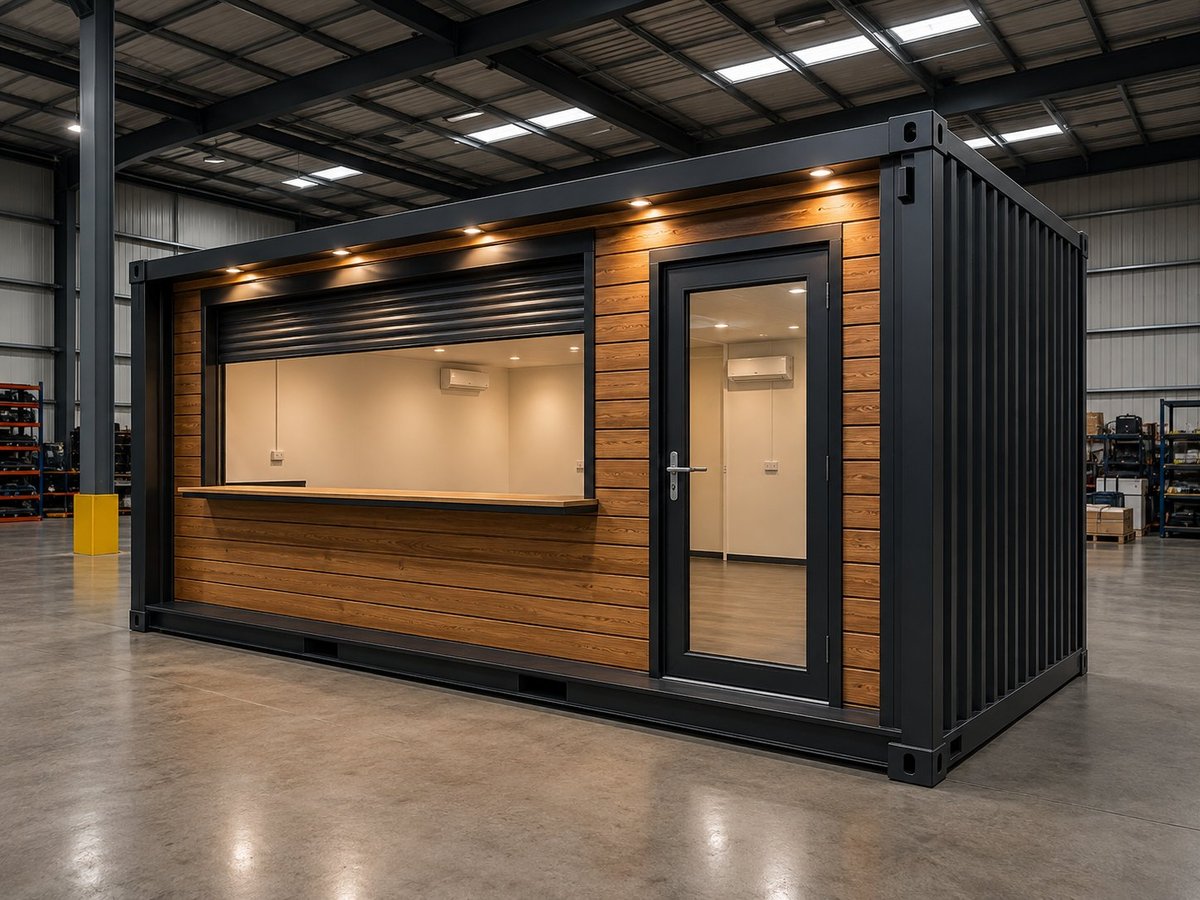 Modern prefabricated shipping container food service unit with timber-effect cladding, charcoal steel frame and large roller-shutter serving opening in an industrial warehouse setting