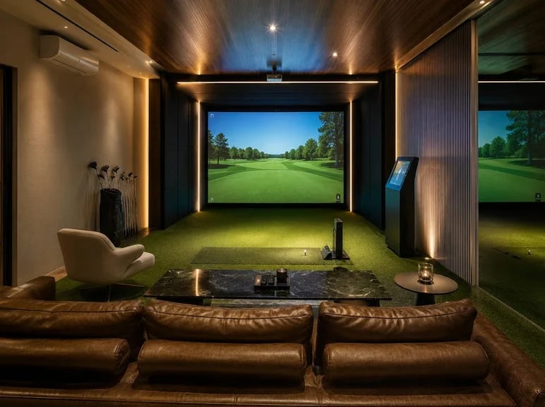 Indoor golf simulator room with brown leather seating, large display screen showing golf course, artificial green turf floor, and ambient lighting