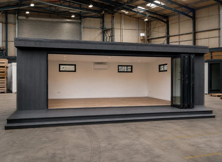 Modern black prefabricated building with white interior and wooden floor displayed in industrial warehouse space