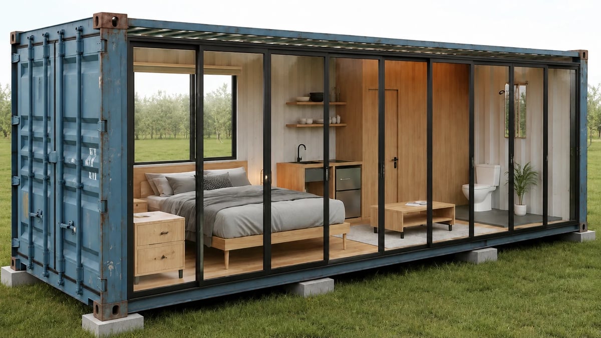 Premium modular living unit with a full-height retractable glass frontage