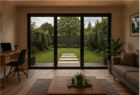 Modern living room with black French doors opening to a garden, featuring a desk, sofa, and potted plants