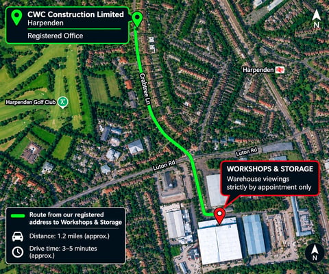 Aerial map showing CWC Construction Limited location in Harpenden with green route marker, warehouse storage facilities, and driving directions.