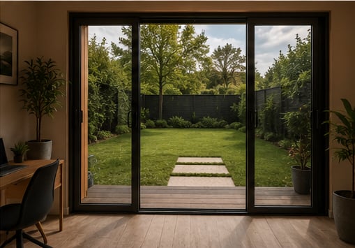 View through large black-framed glass doors from interior room to backyard garden with manicured lawn and stepping stones — interior view towards the rear