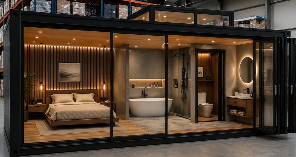 Modern modular tiny home with black frame featuring bedroom, bathroom, and living spaces with warm lighting and wooden flooring