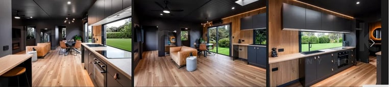 Interior of a modern living space with wood flooring, kitchen counter, dining area, and windows showing outdoor views