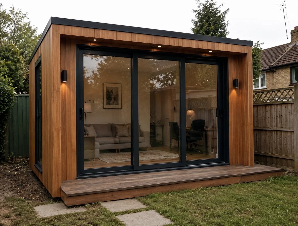 Modern timber-clad garden studio with black-framed sliding glass doors, illuminated interior with sofa and desk, set on a wooden deck in a residential backyard