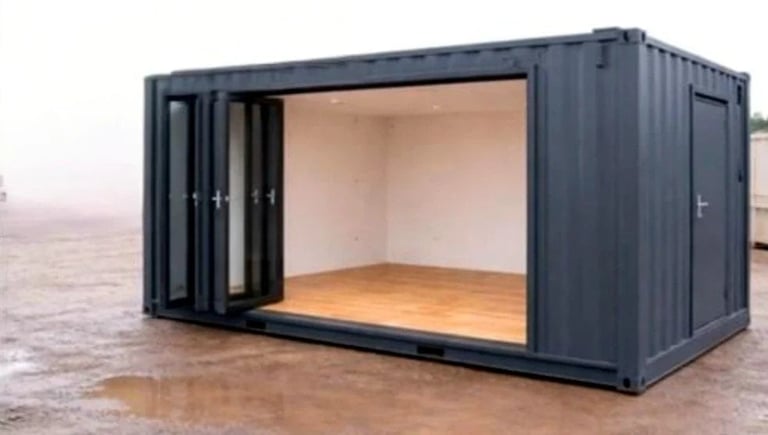 Modern dark gray shipping container converted into a small room or studio space with glass sliding doors and wooden interior flooring