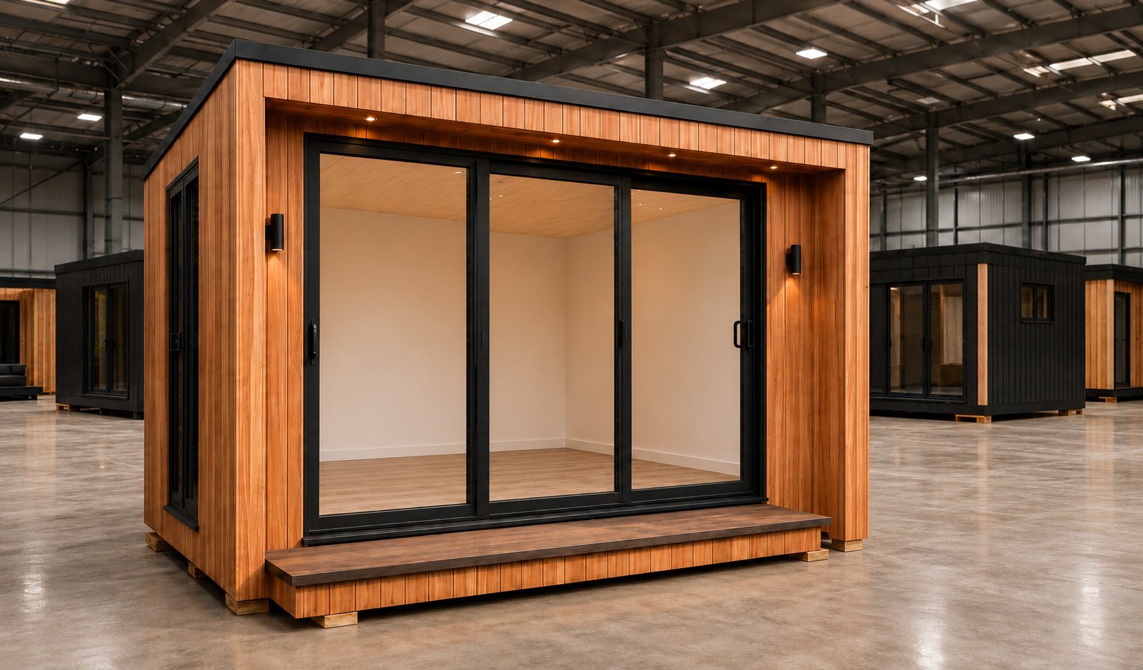 Modern prefab wooden cabin with large glass doors and windows, displayed in an industrial warehouse setting