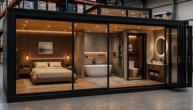 Modern modular housing unit with black frame showing bedroom, bathroom, and living spaces with warm lighting and minimalist design