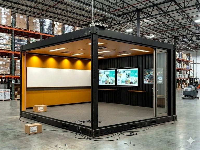 Modern glass and black metal display booth with yellow interior lighting in an industrial warehouse setting