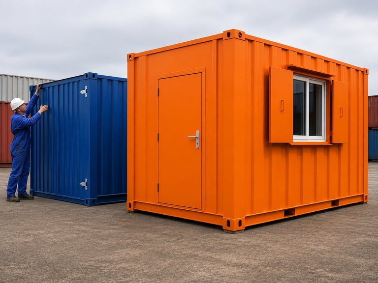 Orange and blue shipping containers converted into portable modular structures with a worker in blue uniform standing beside them