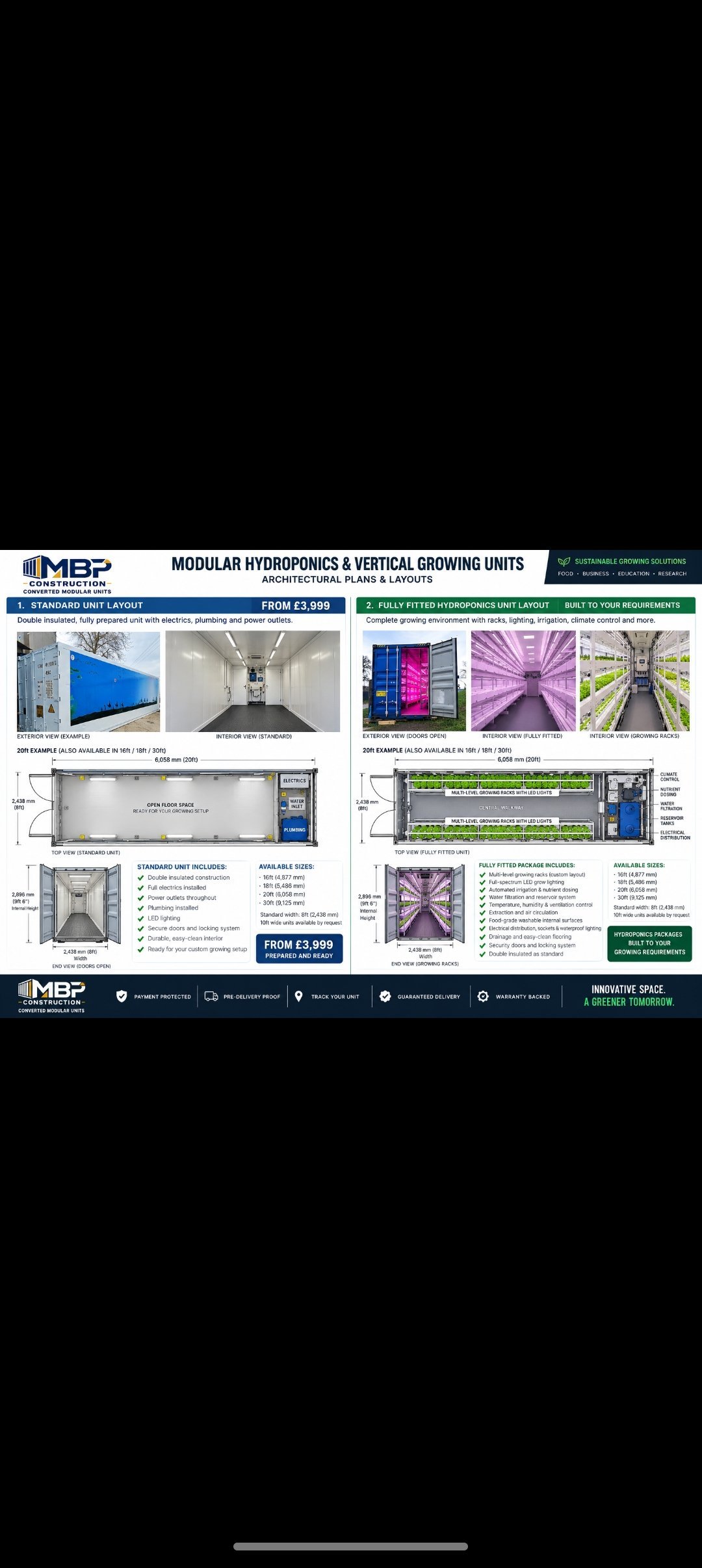 MBP Construction architectural plans and layouts for modular hydroponics and vertical growing units with specifications and available sizes