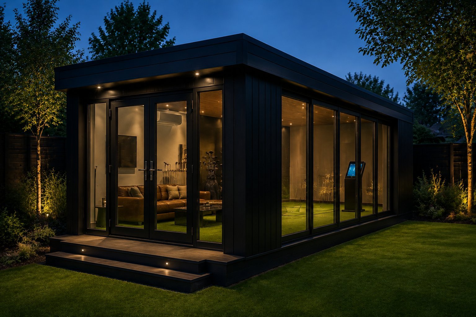 Modern black garden pavilion with large glass windows illuminated at dusk, surrounded by manicured lawn and trees